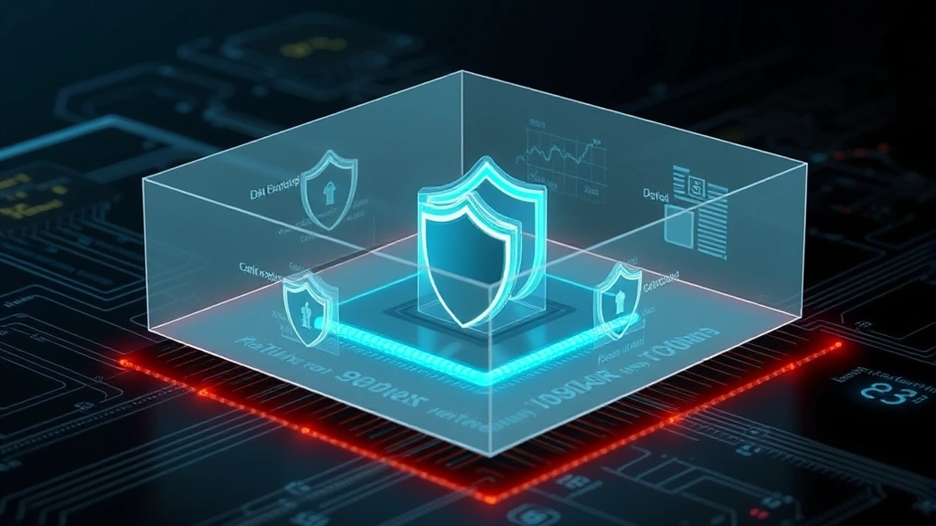 Multi-layered network security architecture diagram represented as transparent protective barriers surrounding a central digital core with data flowing between shield-like defensive structures in a dark technology environment