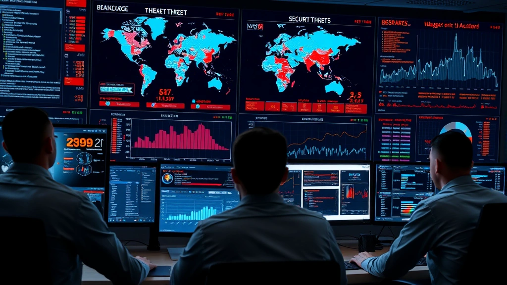 Team of security analysts monitoring real-time threat intelligence dashboard with global threat map, incident alerts, and security metrics displayed on multiple screens in a professional SOC environment