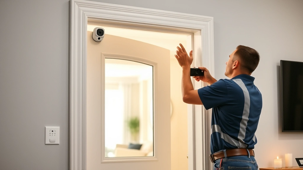 Professional home security system installation with technician mounting wireless sensors on door frame in modern residential entryway, clean bright lighting, security equipment visible