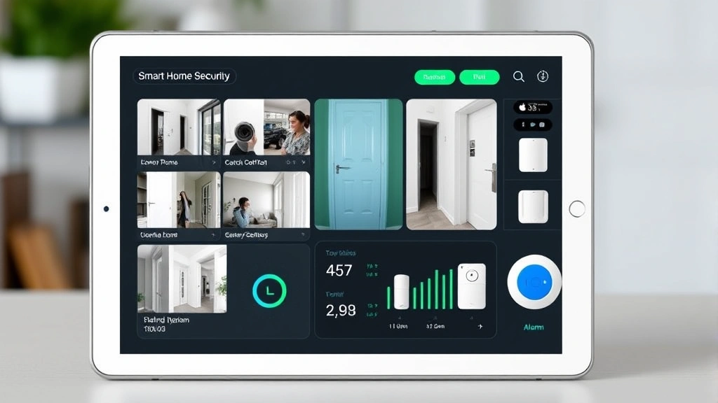 Smart home security dashboard displayed on tablet showing multiple camera feeds, door lock status, and alarm system monitoring with blue-green interface design