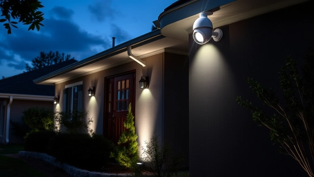 Residential home exterior at dusk with motion-activated floodlights illuminating perimeter, security camera mounted on corner, reinforced door visible, well-maintained landscape