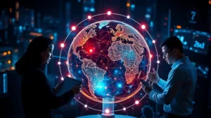 Multiple cybersecurity professionals from different companies collaborating around a glowing digital network globe, representing cross-organizational alliance security partnerships and information sharing