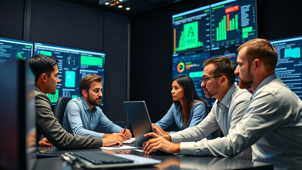 Multiple security professionals from different organizations working together at a modern operations center, analyzing threat data on large displays, collaborative cybersecurity team environment, focused and professional atmosphere