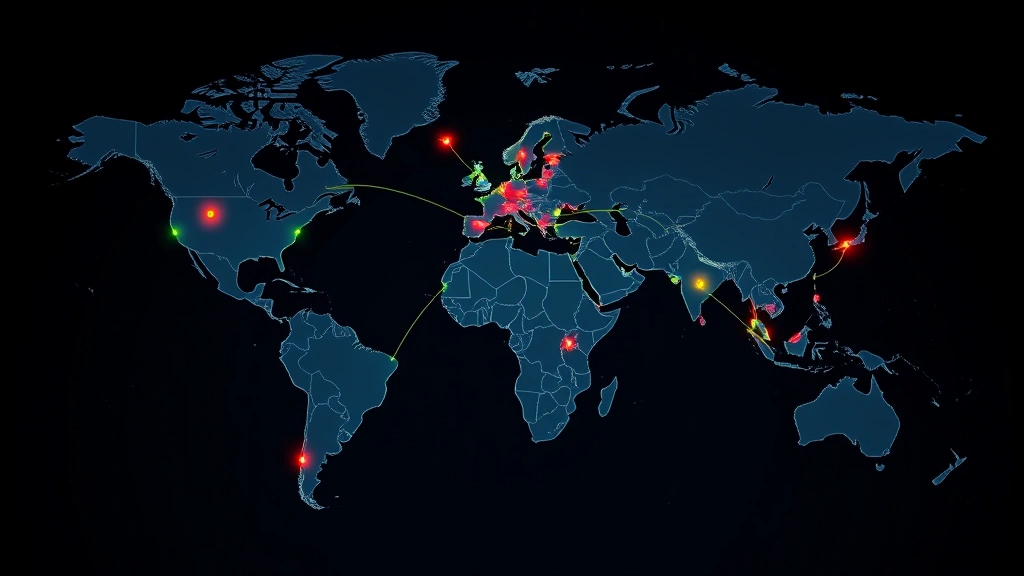 Global map with highlighted regions connected by secure encrypted data pathways, representing international threat intelligence sharing and alliance networks, digital globe with security indicators