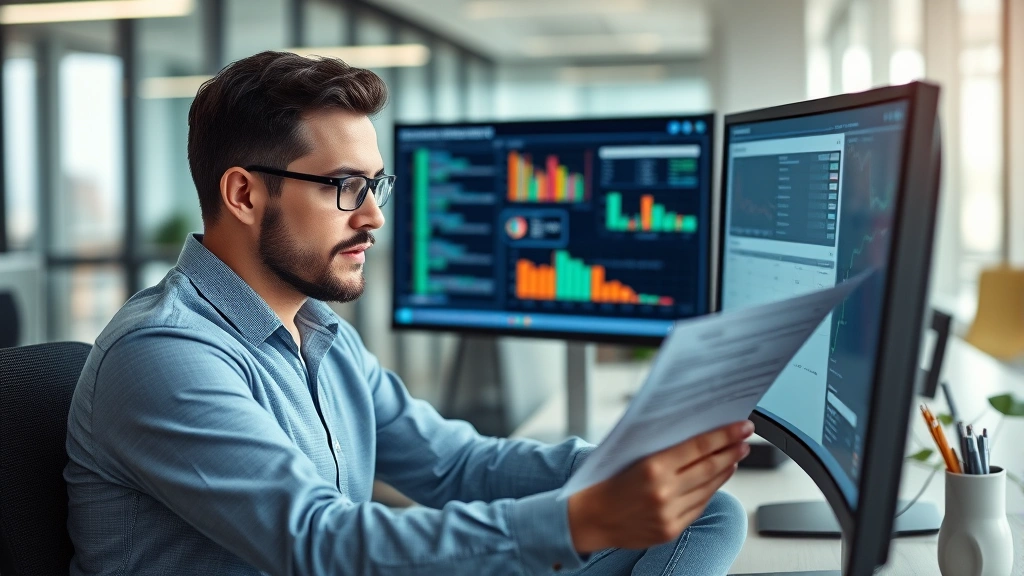 Professional security analyst reviewing vendor risk assessment documents on multiple monitors in a modern corporate office environment, focused concentrated expression
