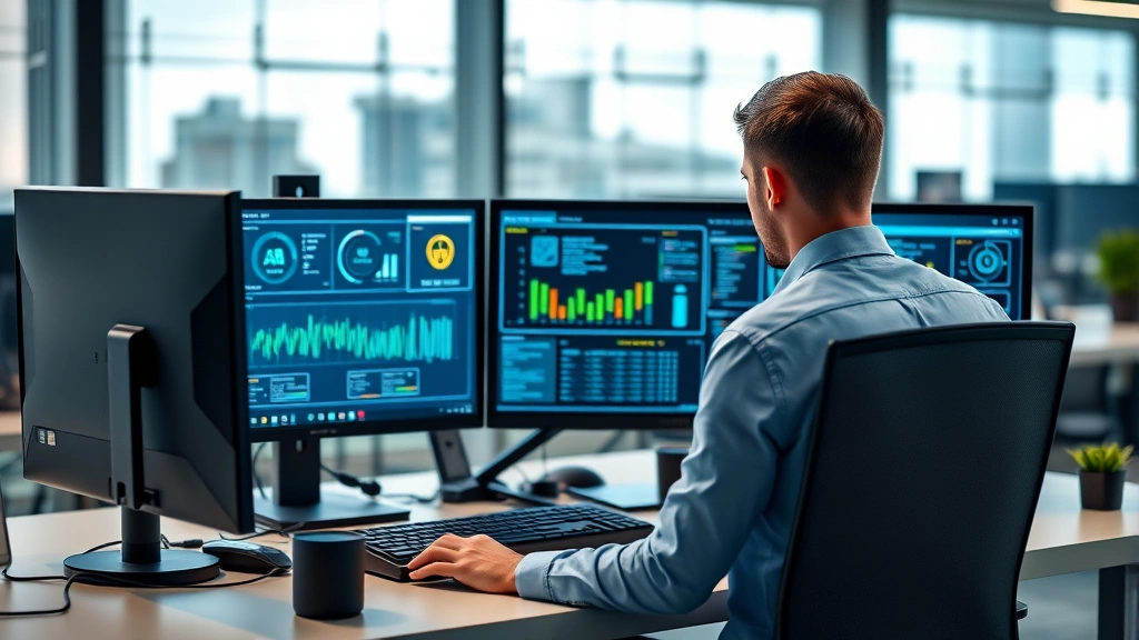 Professional cybersecurity analyst working at modern workstation with multiple monitors displaying security dashboards and threat monitoring systems in contemporary office environment