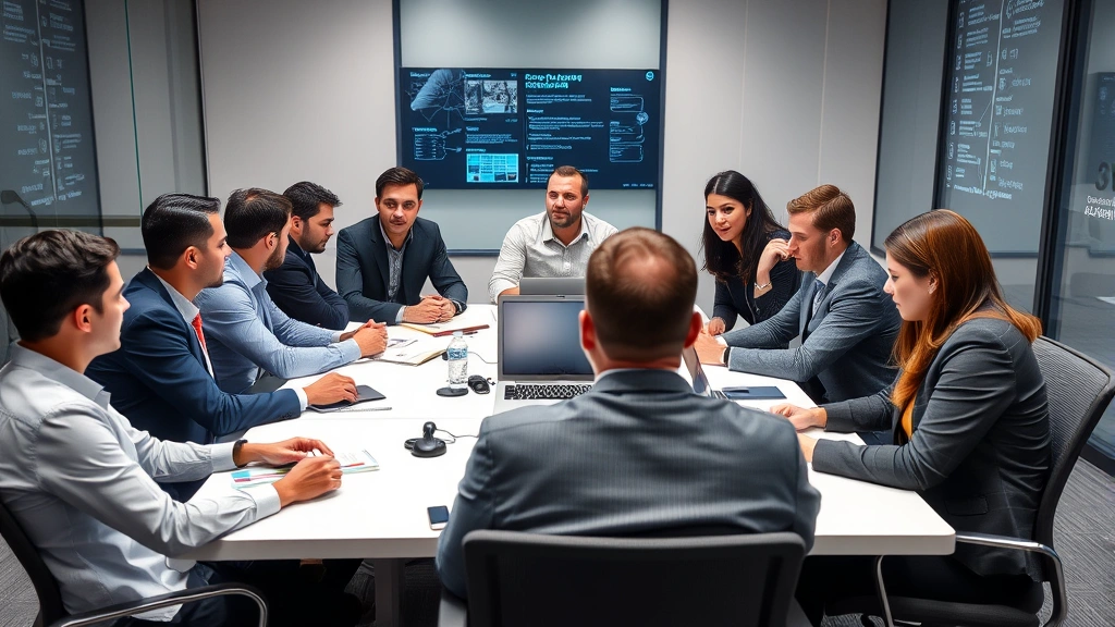 Team of cybersecurity professionals in business casual attire collaborating around a conference table during a cross-organizational security alliance meeting
