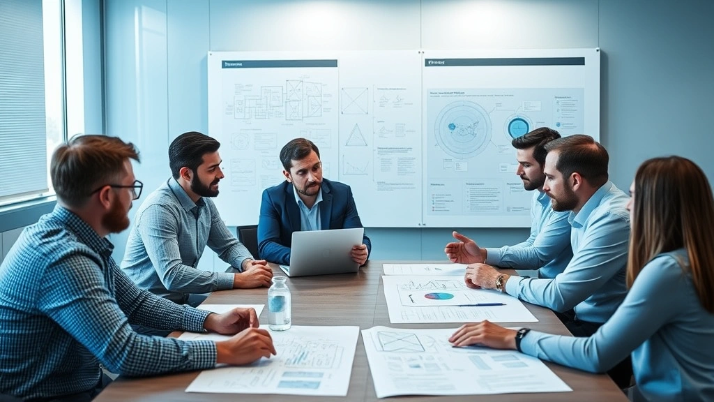 Diverse team of security professionals collaborating in conference room during incident response planning meeting with network diagrams and security architecture blueprints visible