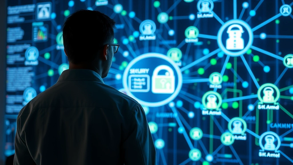 Security architect standing before a digital network visualization showing interconnected organizational systems with security nodes highlighted in blue and green