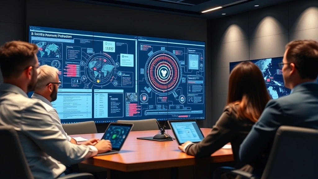 Senior security architect presenting comprehensive threat intelligence analysis to executive leadership team in boardroom with digital security infrastructure visualization on large display screens