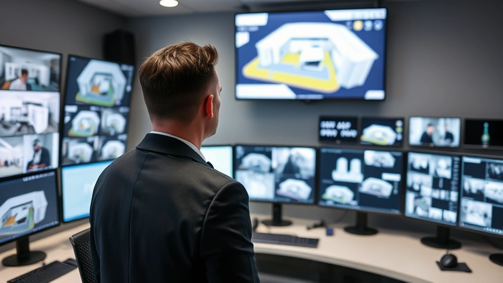 Professional security officer in business suit monitoring surveillance screens in modern control room, alert expression, clean facility with multiple monitors showing building layouts and camera feeds, professional security environment, no visible text or code on screens