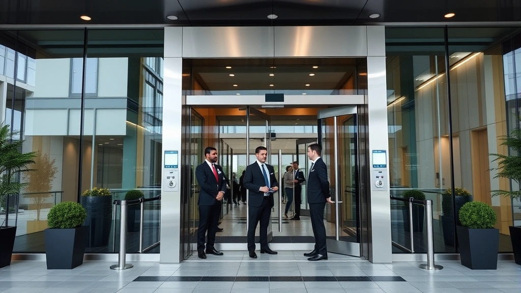 Corporate building entrance with glass doors and professional security checkpoint, security personnel in uniform greeting visitor, access control panel visible, professional business setting, daytime lighting, modern architectural style, no visible identification numbers or text