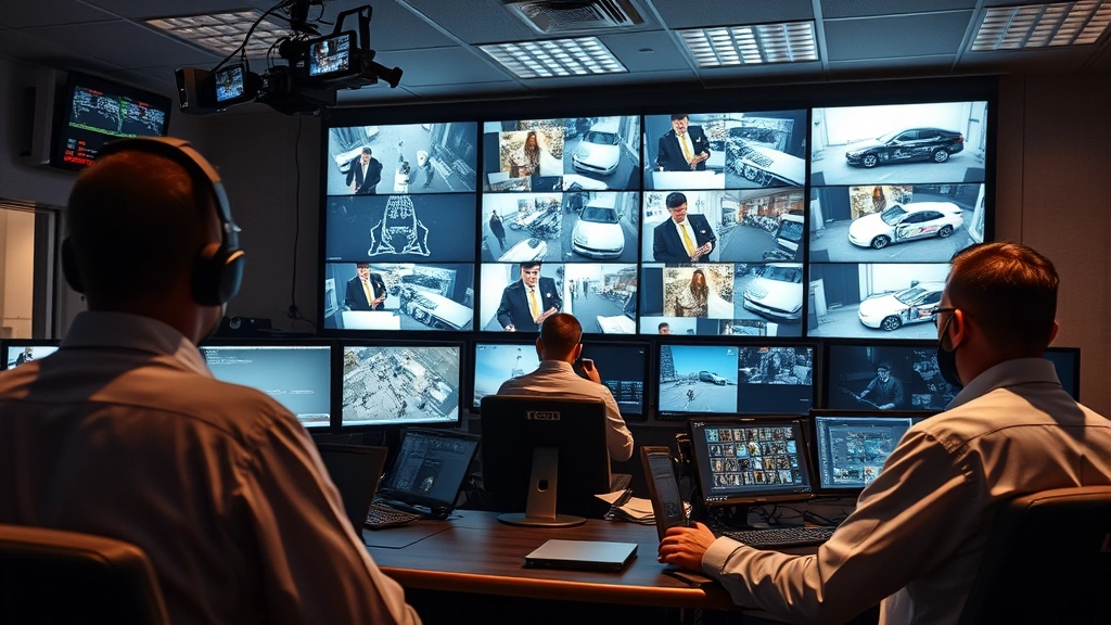 Security control room with multiple monitors and professional equipment, security personnel reviewing surveillance footage, modern facility, photorealistic lighting