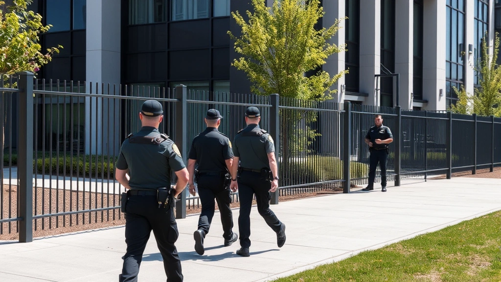 Security team conducting perimeter inspection around office building exterior, officers walking fence line, checking access points and lighting, professional protective gear, clear weather, modern facility, no visible signage or identifying information