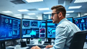 Professional cybersecurity analyst monitoring multiple digital security dashboards in modern office environment with blue-tinted screens and cybersecurity visualizations, focused expression, secure data center atmosphere