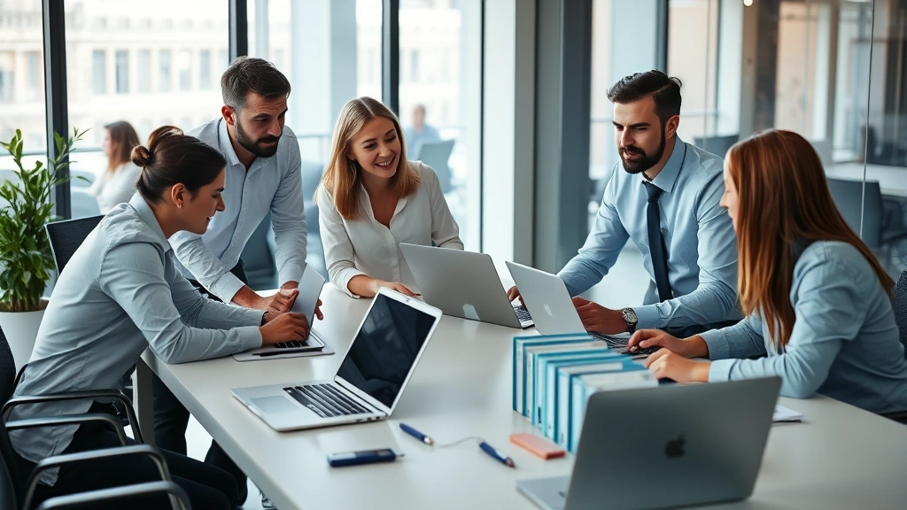 Office employees in modern workplace discussing security best practices around conference table with laptops and secure document folders visible, collaborative professional environment, natural lighting