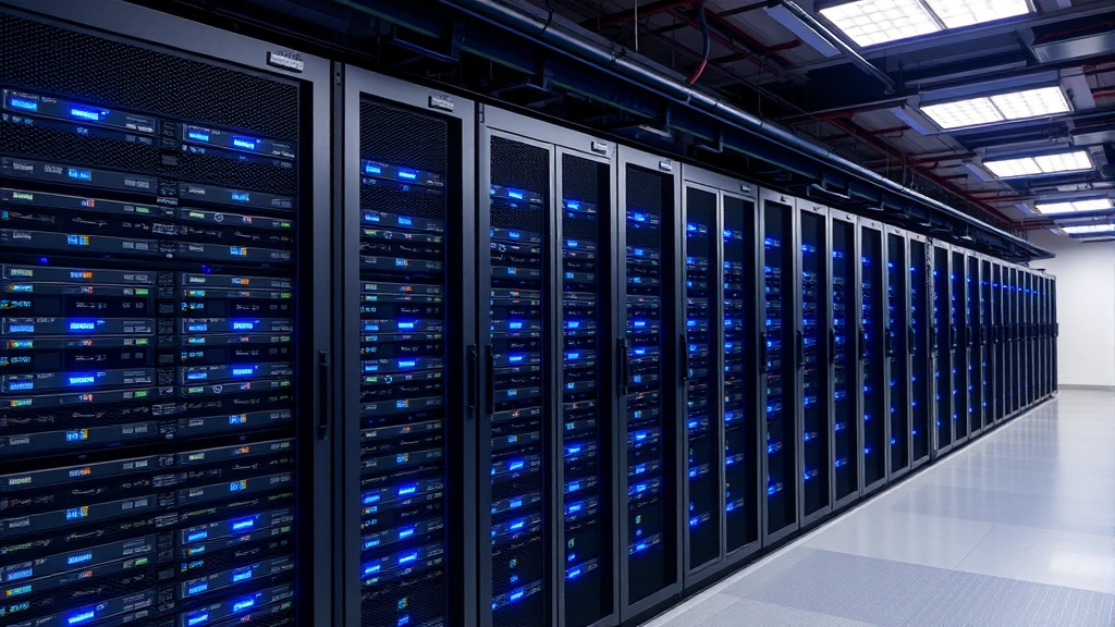 Data center server room with organized rack systems, blue LED indicators, professional security infrastructure, rows of secure servers with cooling systems, enterprise-grade equipment