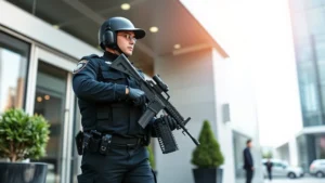 Professional armed security officer in tactical uniform conducting perimeter patrol of modern corporate building entrance, alert posture, professional bearing, daytime outdoor setting