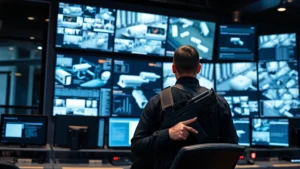 Professional armed security officer in modern command center monitoring multiple digital displays showing network infrastructure and facility surveillance systems simultaneously, photorealistic, corporate security environment