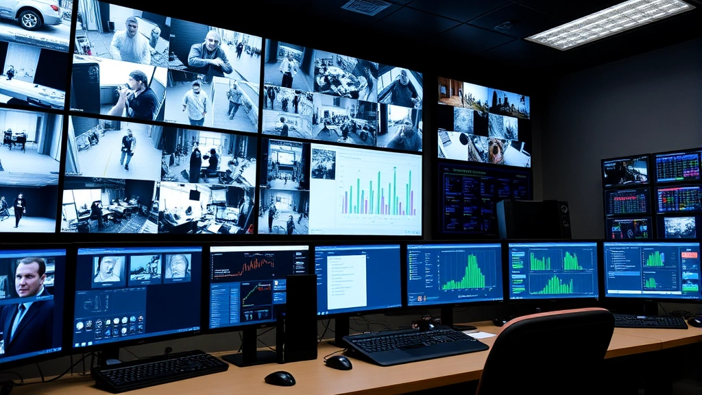 Security operations center with multiple monitors displaying surveillance feeds, access control systems, and incident tracking software integrated on digital displays, professional environment