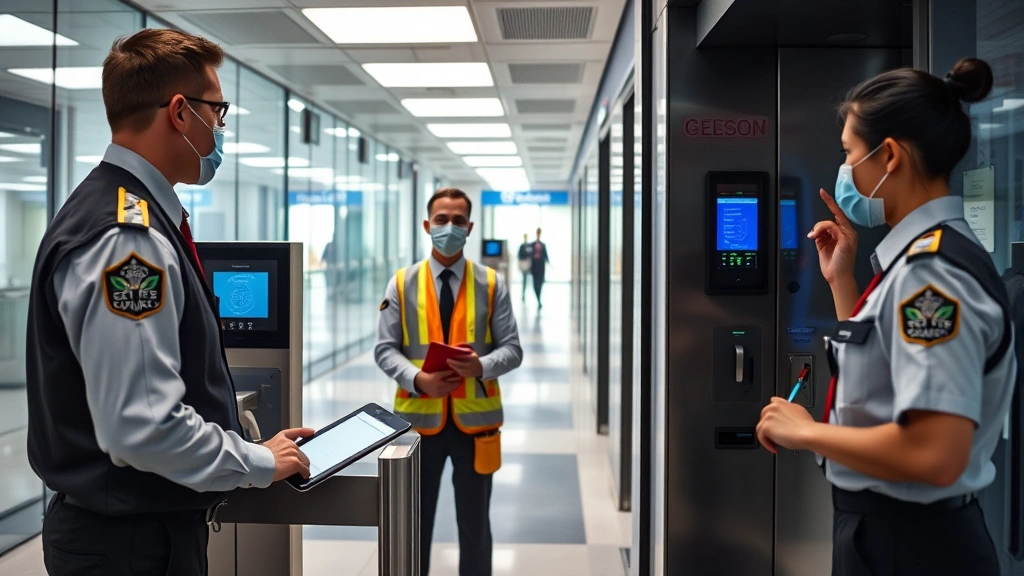 Authorized security personnel conducting access verification at high-tech facility entrance with biometric scanners and digital badge readers, professional security checkpoint, photorealistic modern facility