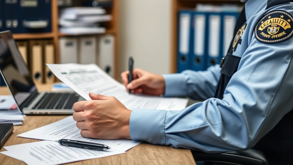 Close-up of security officer reviewing incident documentation and written reports at desk with laptop and filing systems, professional office environment, focused on detail
