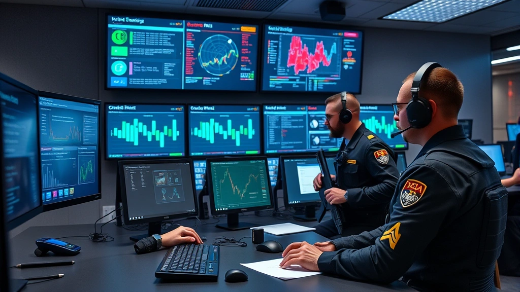 Integrated security operations center with armed security staff collaborating with cybersecurity professionals reviewing threat intelligence dashboards and incident response protocols together, photorealistic professional environment