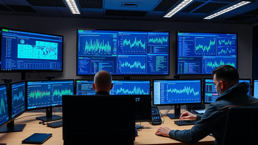 Professional security operations center with multiple monitors displaying real-time threat detection dashboards, security analysts monitoring network activity and building access controls simultaneously, modern command center environment with blue and green data visualization displays, no text or code visible