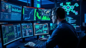 Cybersecurity professional analyzing threat data on multiple monitors in a modern security operations center with blue and green lighting, showing real-time security dashboards and network topology visualizations without readable text or code