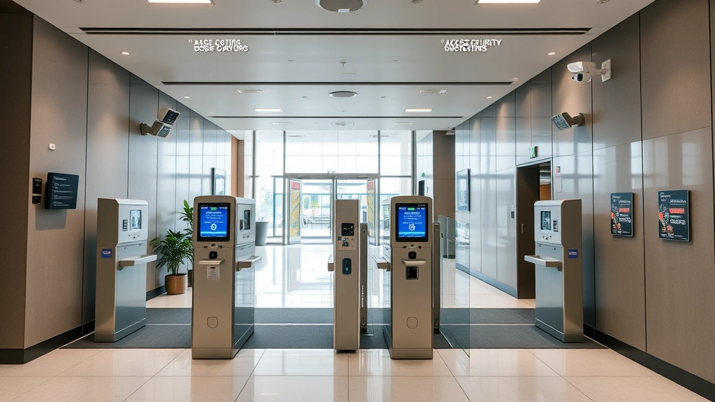 Corporate security checkpoint with modern biometric access control systems, badge readers, and surveillance cameras integrated into professional facility entrance, clean architectural environment showing integrated physical security infrastructure, no visible screens or alert messages