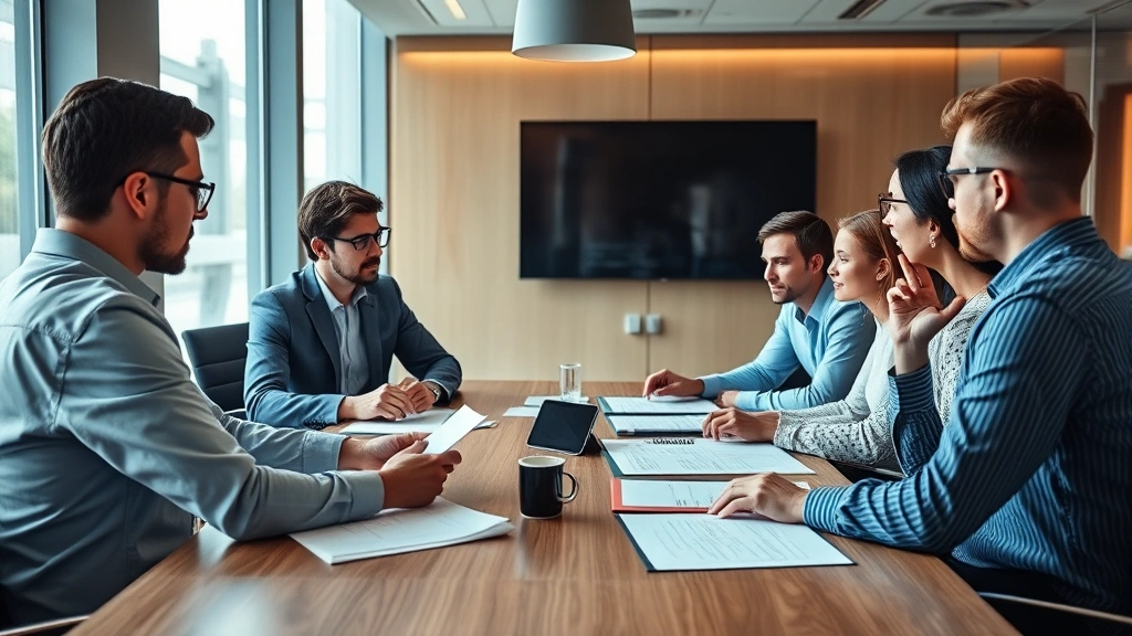 Diverse security team conducting risk assessment meeting in modern conference room, professionals reviewing security protocols and vulnerability reports on table, collaborative environment showing security planning and threat discussion, no visible documents with readable text or sensitive information