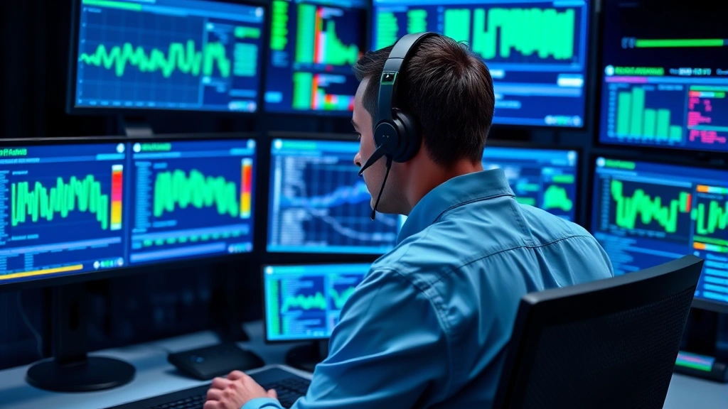 Cybersecurity professional wearing headset at modern security operations center workstation with multiple monitors displaying network traffic analysis dashboards and threat intelligence feeds in blue and green tones, professional business environment