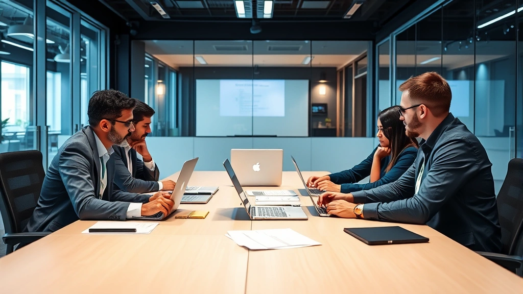 Team of security specialists in corporate office collaborating around conference table with laptops and security documentation, discussing incident response procedures and threat assessment strategies in well-lit modern workspace