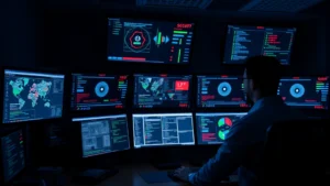 Cybersecurity professional monitoring security operations center with multiple displays showing real-time threat data and network activity dashboards in a darkened control room environment
