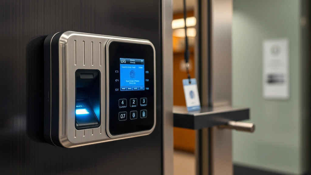 Close-up of biometric fingerprint scanner and security badge access control system protecting facility entrance, representing authentication and physical access security