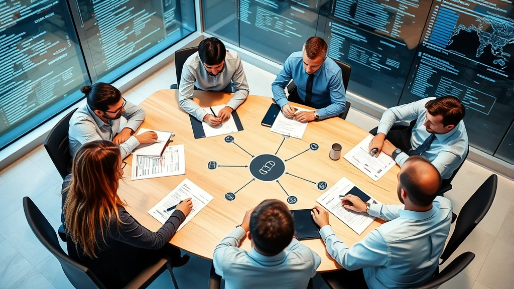 Cybersecurity team members collaborating around a conference table with network security diagrams and threat assessment documents, representing data protection strategy planning and incident response coordination