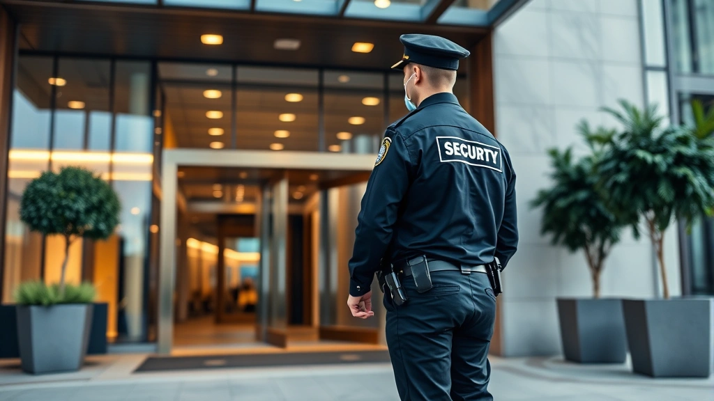 Professional security officer in uniform conducting perimeter check at corporate building entrance during daytime, alert posture, modern facility in background