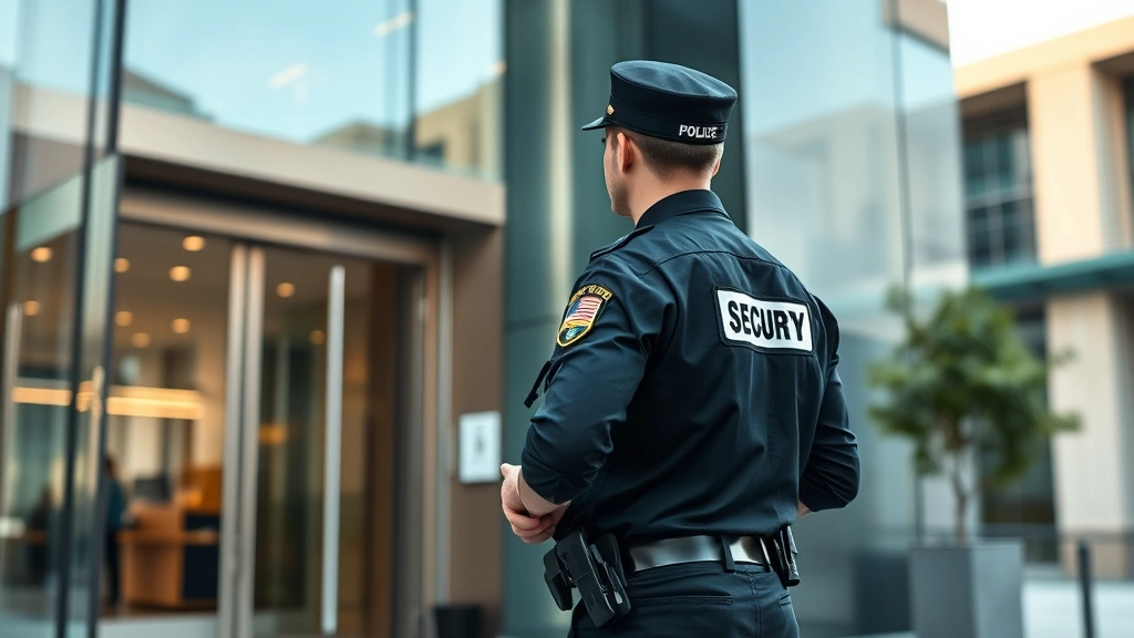 Professional security officer in dark uniform conducting facility perimeter assessment at commercial building entrance, alert posture, photorealistic daytime setting with modern architecture background