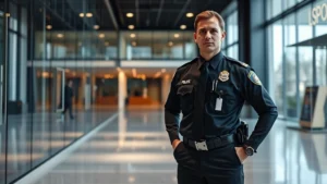 Professional security officer in uniform standing alert in modern office lobby with glass walls and contemporary architecture, realistic lighting, security-focused composition