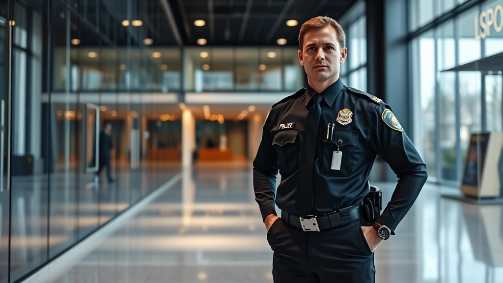 Professional security officer in uniform standing alert in modern office lobby with glass walls and contemporary architecture, realistic lighting, security-focused composition