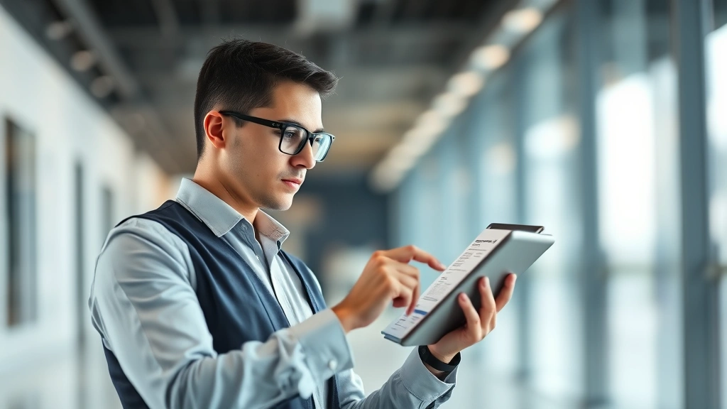 Professional security officer in business casual attire reviewing compensation documentation on a tablet device in a modern corporate office setting with blurred background, photorealistic style, focused expression analyzing data