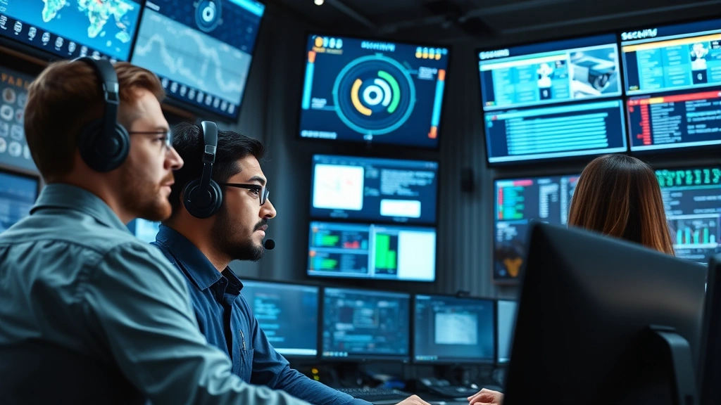 Security operations center with multiple professionals monitoring displays and communication systems, focused expressions, professional environment with technology