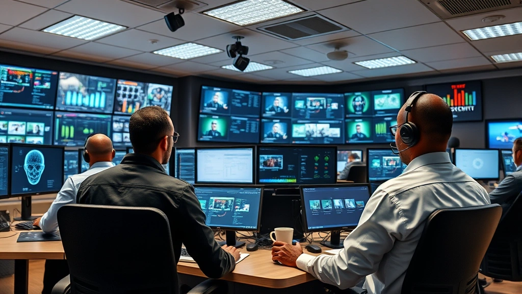 Security operations control room with multiple professionals monitoring facility systems, displaying screens and monitoring equipment, professional workplace environment, photorealistic modern facility