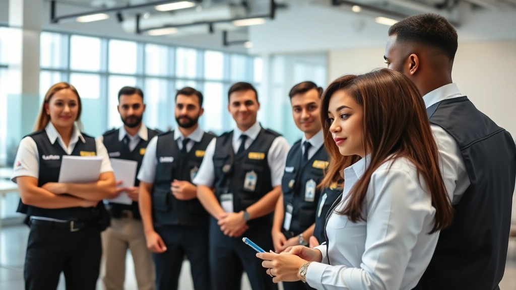 Diverse team of security professionals in corporate uniforms during professional training session in modern facility, emphasizing teamwork and professional development