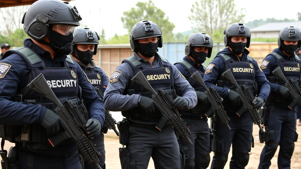 Diverse security team in tactical gear during training exercise, demonstrating professional competency and teamwork in outdoor facility setting