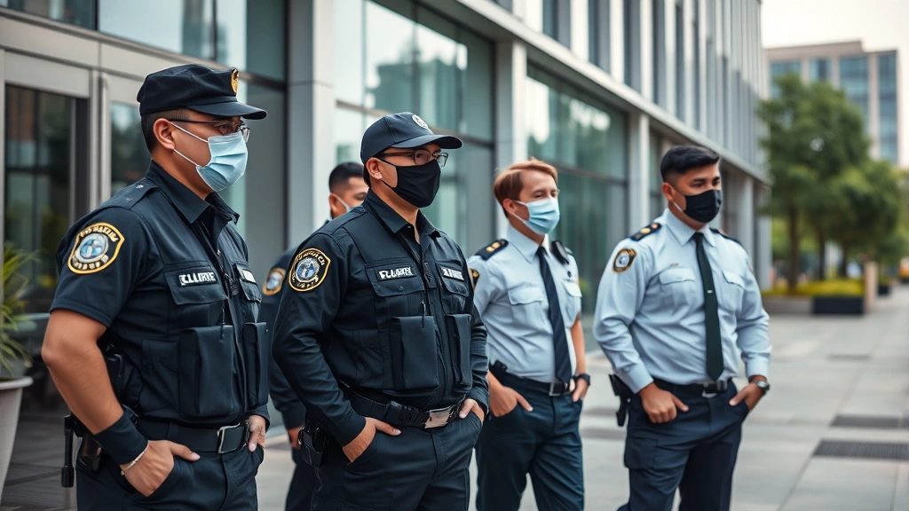 Diverse security team conducting outdoor facility patrol near corporate building exterior, professional uniforms, daytime setting, photorealistic workplace security operations scene