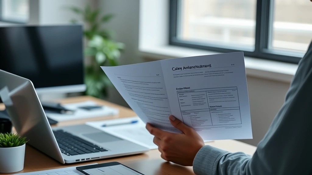 Security professional reviewing compensation documents and career advancement materials at desk with laptop, representing salary negotiations and career growth planning