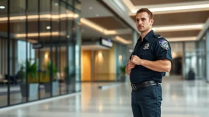 Professional security officer in uniform standing in modern corporate office lobby with glass walls and professional lighting, alert posture, daytime scene