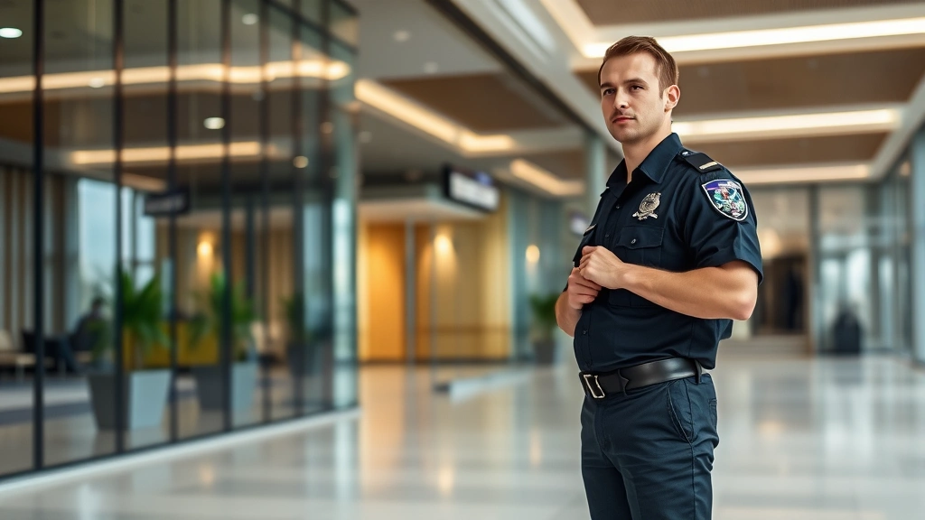 Professional security officer in uniform standing in modern corporate office lobby with glass walls and professional lighting, alert posture, daytime scene