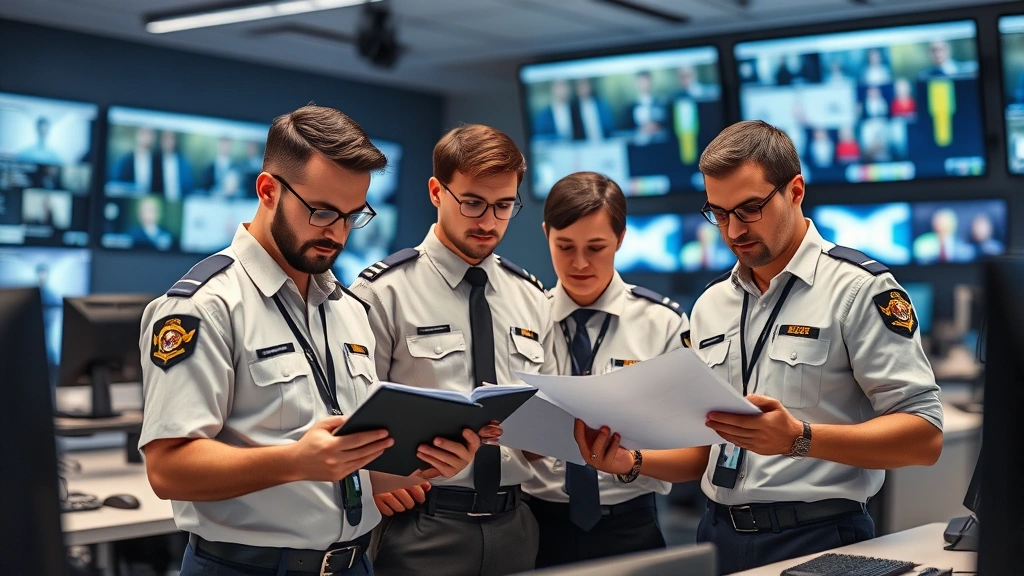 Diverse team of security professionals in uniforms reviewing documents and tablets at a modern security operations center with multiple monitors visible in background